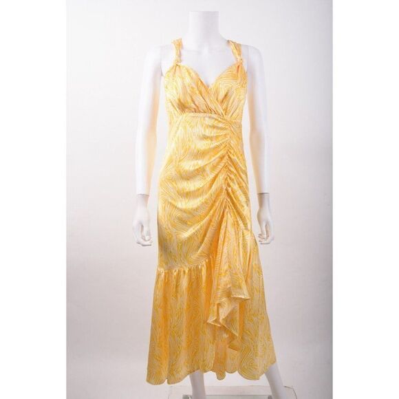 Cinq A Sept Womens Nikola Silk Midi Dress Sz 4 Yellow White Ruched NWT $595 - Picture 1 of 7